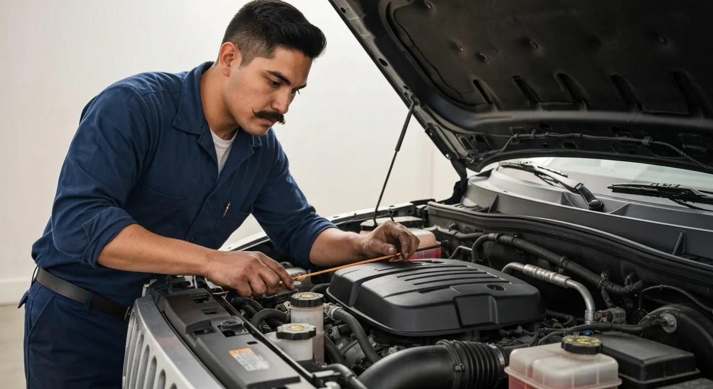 A mechanic meticulously checking fluid levels in a Jeep's engine bay, underscoring the vital importance of proper fluid management