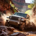 Jeep Wrangler navigating rugged terrain, highlighting off-road capabilities and ground clearance