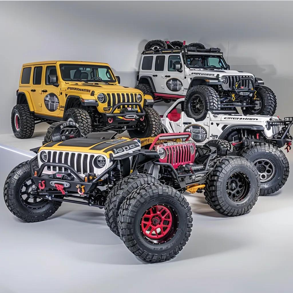 Display of lift kits and tires for Jeep Wrangler, highlighting options for increasing ground clearance
