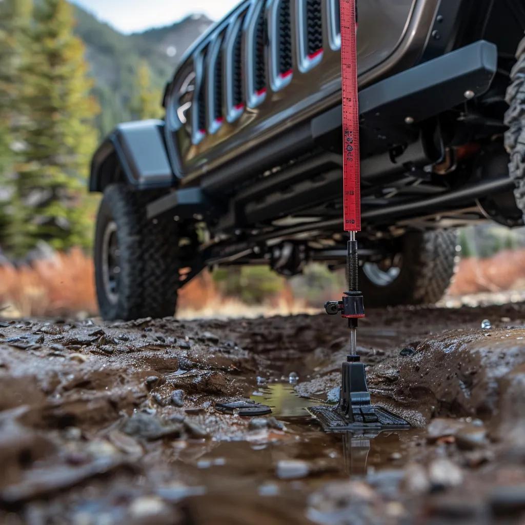 Measuring ground clearance on a Jeep Wrangler, showcasing the undercarriage and measurement tool