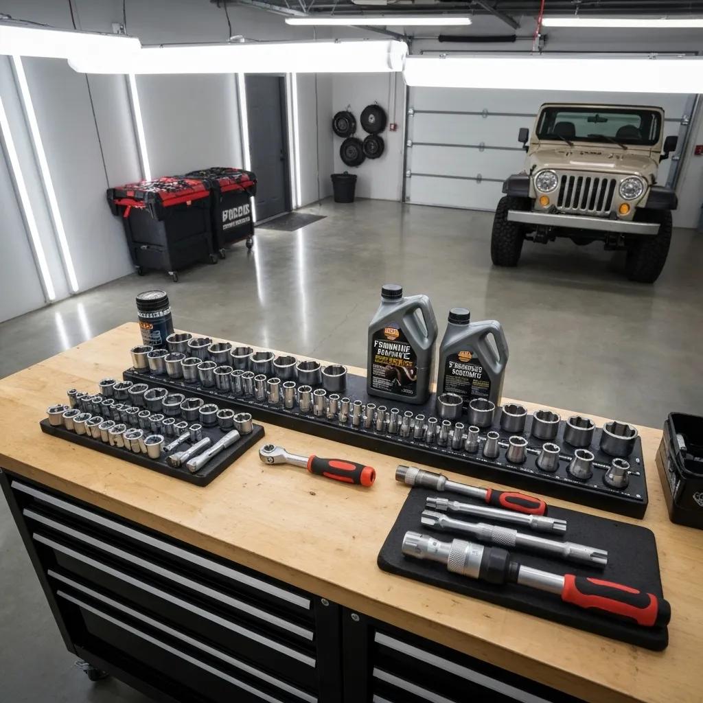 Essential tools for Jeep maintenance laid out on a workbench, highlighting DIY vehicle care