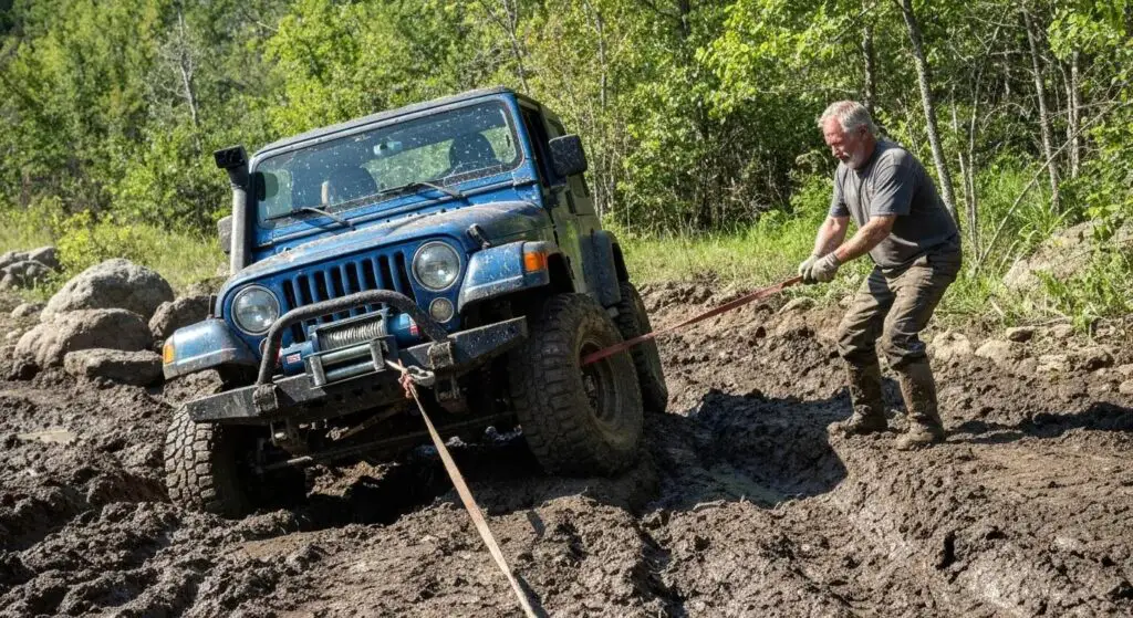 A Jeep being expertly recovered from deep mud using a powerful winch and heavy-duty straps, highlighting the absolute necessity of essential recovery gear for off-road safety.