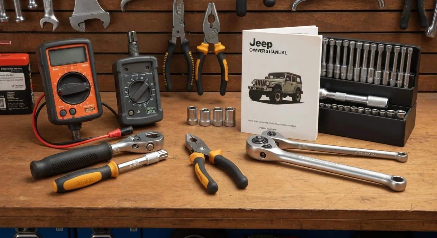 Essential DIY Jeep maintenance tools on a workbench, highlighting hands-on vehicle care for Jeep Maintenance Checklist