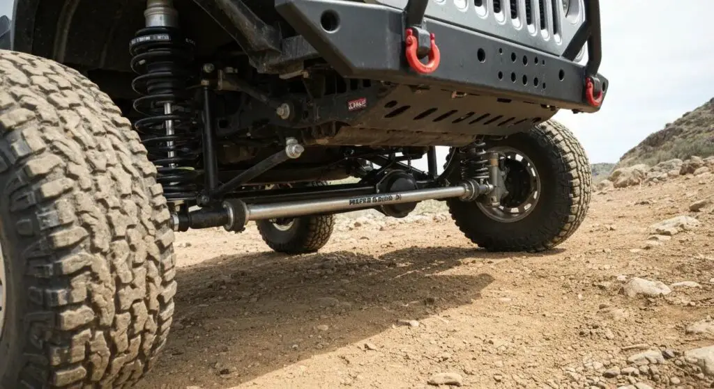 A detailed view of a Jeep's suspension lift kit and robust control arms, demonstrating how these upgrades dramatically improve off-road capability.
