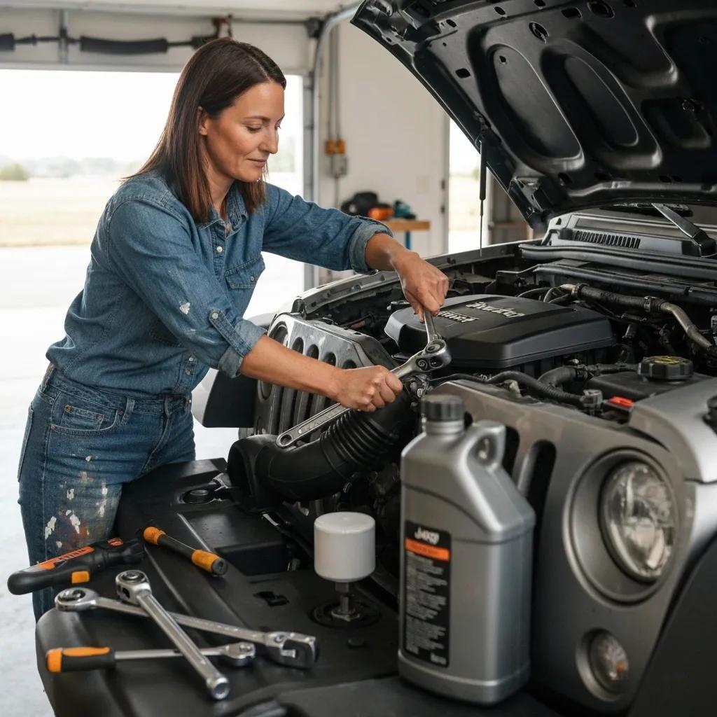 Person performing an oil change on a Jeep, illustrating essential maintenance tasks for vehicle upkeep