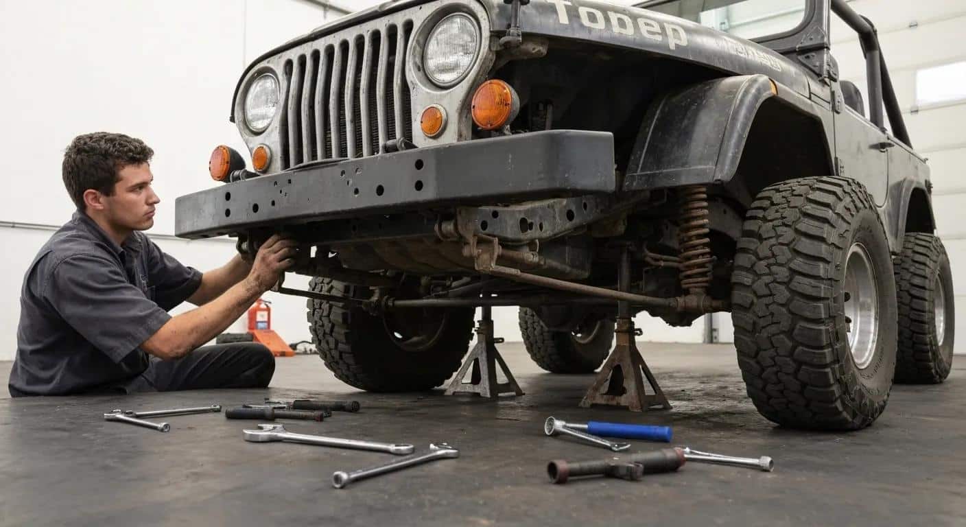 Mechanic inspecting Jeep undercarriage, emphasizing off-road maintenance and readiness٫ Jeep Maintenance Checklist