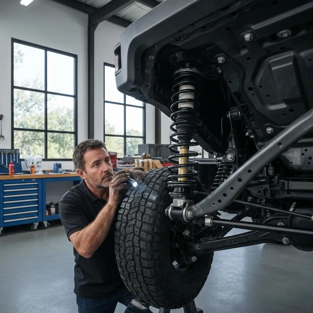 A mechanic carefully inspecting a Jeep's suspension system, highlighting the inherent risks associated with neglecting suspension maintenance
