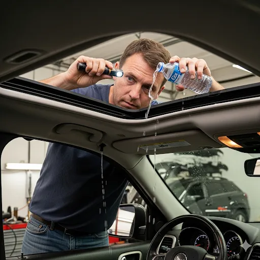 person inspecting Jeep Grand Cherokee sunroof drains for leaks
